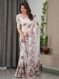 Peach Satin Georgette Floral Digital Printed Saree with Attached Blouse – Elegant Lightweight Saree