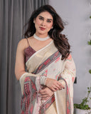 Ivory Handloom Linen Saree with Maroon Tribal Digital Print & Zari Border | Ethnic Chic | 5.5m Saree + 0.8m Blouse