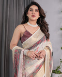Ivory Handloom Linen Saree with Maroon Tribal Digital Print & Zari Border | Ethnic Chic | 5.5m Saree + 0.8m Blouse