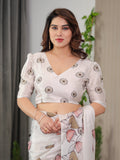 Peach Satin Georgette Floral Digital Printed Saree with Attached Blouse – Elegant Lightweight Saree