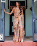 Terracotta Peach Handloom Cotton Saree with Multicolor Floral Vines & Kalamkari-Inspired Pallu