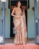 Terracotta Peach Handloom Cotton Saree with Multicolor Floral Vines & Kalamkari-Inspired Pallu