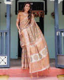 Terracotta Peach Handloom Cotton Saree with Multicolor Floral Vines & Kalamkari-Inspired Pallu