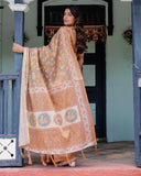 Terracotta Peach Handloom Cotton Saree with Multicolor Floral Vines & Kalamkari-Inspired Pallu