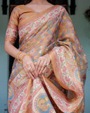 Terracotta Peach Handloom Cotton Saree with Multicolor Floral Vines & Kalamkari-Inspired Pallu