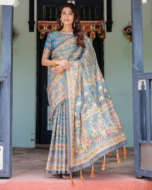 Divine Blue Handloom Cotton Saree with Shankh & Krishna Pallu Motifs – Temple Border & Tassels