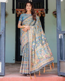 Divine Blue Handloom Cotton Saree with Shankh & Krishna Pallu Motifs – Temple Border & Tassels