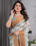 Ivory Handloom Linen Saree with Aqua Blue Mandala Motifs & Copper Zari Border | Artistic Printed Pallu & Tassels | 5.5m Saree + 0.8m Blouse