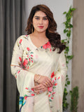 Ivory Cream Satin Georgette Floral & Bird Printed Saree with Attached Blouse – Elegant Nature-Inspired Designer Saree