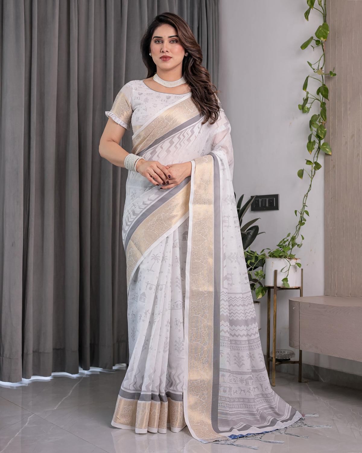 White & Grey Handloom Linen Saree with Tribal Village Print, Zari Borders & Tassel Pallu | 5.5m Saree + 0.8m Blouse