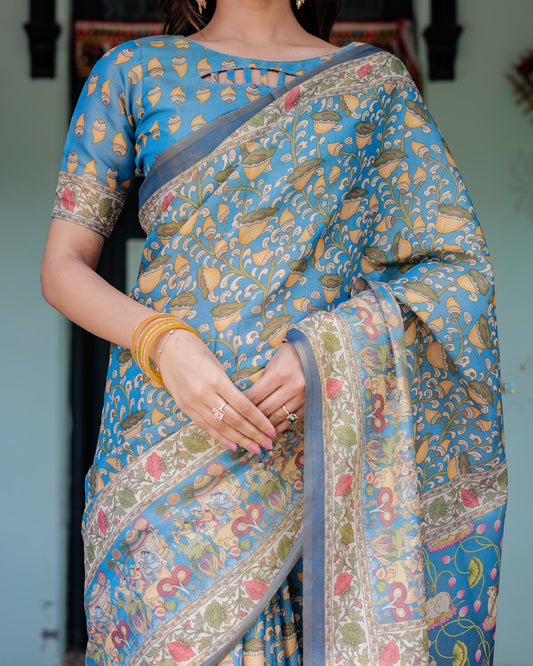 Divine Blue Handloom Cotton Saree with Shankh & Krishna Pallu Motifs – Temple Border & Tassels