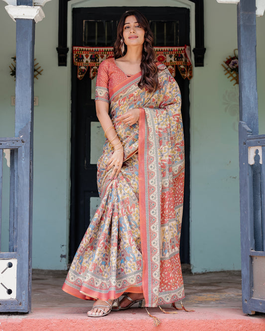 Rust Beige Handloom Cotton Saree with Vibrant Elephant Parade Print & Red Floral Pallu