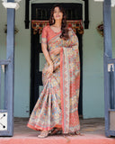Rust Beige Handloom Cotton Saree with Vibrant Elephant Parade Print & Red Floral Pallu