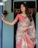 Rust Beige Handloom Cotton Saree with Vibrant Elephant Parade Print & Red Floral Pallu