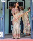 Ivory Brown Handloom Cotton Saree with Classical Dancer Motifs & Madhubani-Inspired Pallu