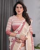 Beige Handloom Linen Saree with Maroon Tribal Geometric Digital Print & Zari Border | Festive Drape | 5.5m Saree + 0.8m Blouse