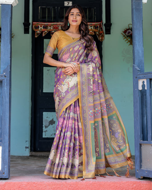 Royal Violet Handloom Cotton Saree with Cow Motifs & Temple Pallu Art