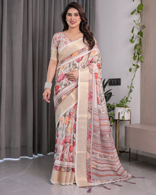 Cream Handloom Linen Saree with Multicolor Floral Print & Striped Pallu | Zari Border & Tassels | 5.5m Saree + 0.8m Blouse