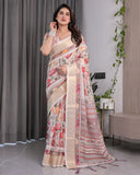 Cream Handloom Linen Saree with Multicolor Floral Print & Striped Pallu | Zari Border & Tassels | 5.5m Saree + 0.8m Blouse