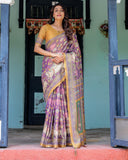 Royal Violet Handloom Cotton Saree with Cow Motifs & Temple Pallu Art