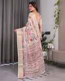 Cream Handloom Linen Saree with Multicolor Floral Print & Striped Pallu | Zari Border & Tassels | 5.5m Saree + 0.8m Blouse