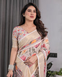 Cream Handloom Linen Saree with Multicolor Floral Print & Striped Pallu | Zari Border & Tassels | 5.5m Saree + 0.8m Blouse