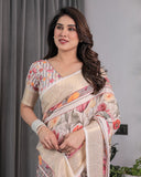 Cream Handloom Linen Saree with Multicolor Floral Print & Striped Pallu | Zari Border & Tassels | 5.5m Saree + 0.8m Blouse