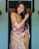 Royal Violet Handloom Cotton Saree with Cow Motifs & Temple Pallu Art