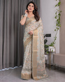 Ivory Beige Handloom Linen Saree with Multicolor Leaf Print & Tribal Geometric Pallu | Zari Border | 5.5m Saree + 0.8m Blouse with Tassels