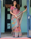 Rosewood Red Handloom Cotton Saree with Artistic Fish Pallu & Floral Vine Print