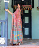 Rosewood Red Handloom Cotton Saree with Artistic Fish Pallu & Floral Vine Print