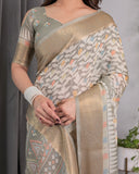 Ivory Beige Handloom Linen Saree with Multicolor Leaf Print & Tribal Geometric Pallu | Zari Border | 5.5m Saree + 0.8m Blouse with Tassels