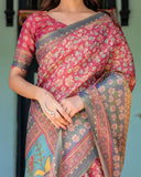 Rosewood Red Handloom Cotton Saree with Artistic Fish Pallu & Floral Vine Print