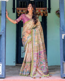 Ivory & Violet Handloom Cotton Saree with Royal Procession & Tree of Life Pallu