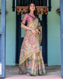 Ivory & Violet Handloom Cotton Saree with Royal Procession & Tree of Life Pallu