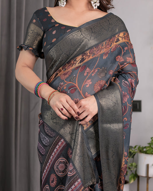 Charcoal Grey Digital Printed Saree with Maroon Floral & Tribal Border Motifs | Antique Zari Highlights | 5.5m Saree + 0.8m Blouse Piece