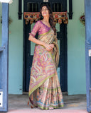 Ivory & Violet Handloom Cotton Saree with Royal Procession & Tree of Life Pallu