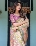 Ivory & Violet Handloom Cotton Saree with Royal Procession & Tree of Life Pallu