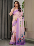 Lavender Pink Satin Georgette Floral Printed Saree with Ombre Border & Attached Blouse – Soft Pastel Designer Elegance