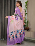 Lavender Pink Satin Georgette Floral Printed Saree with Ombre Border & Attached Blouse – Soft Pastel Designer Elegance
