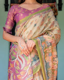 Ivory & Violet Handloom Cotton Saree with Royal Procession & Tree of Life Pallu