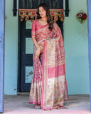 Maroon Rose Pink Handloom Cotton Saree with Traditional Procession Print & Floral Vine Motifs