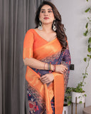 Vibrant Orange & Navy Blue Handloom Saree with Kalamkari Peacock Art Pallu & Zari Border | 5.5m Saree + 0.8m Blouse Piece