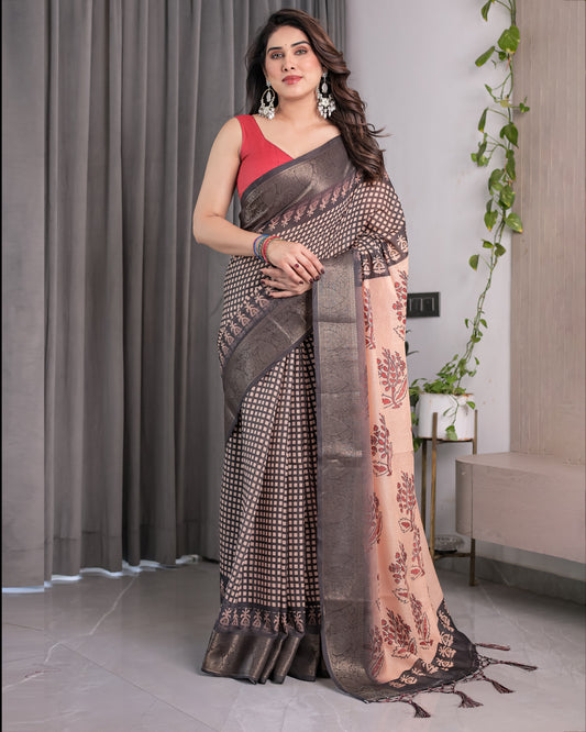 Elegant Beige Handloom Saree with Maroon Leaf Butta & Black Zari Woven Pallu | Festive Drape | 5.5m Saree + 0.8m Blouse