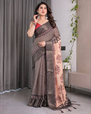 Elegant Beige Handloom Saree with Maroon Leaf Butta & Black Zari Woven Pallu | Festive Drape | 5.5m Saree + 0.8m Blouse