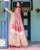 Maroon Rose Pink Handloom Cotton Saree with Traditional Procession Print & Floral Vine Motifs