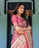 Maroon Rose Pink Handloom Cotton Saree with Traditional Procession Print & Floral Vine Motifs