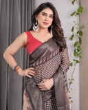 Elegant Beige Handloom Saree with Maroon Leaf Butta & Black Zari Woven Pallu | Festive Drape | 5.5m Saree + 0.8m Blouse