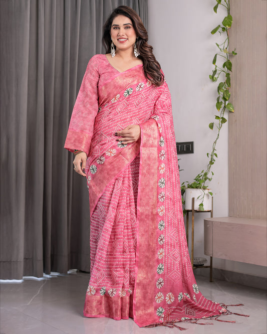 Rose Pink Bandhani-Inspired Handloom Linen Saree with White Floral Dots & Zari Border | 5.5m Saree + 0.8m Attached Blouse with Tassels