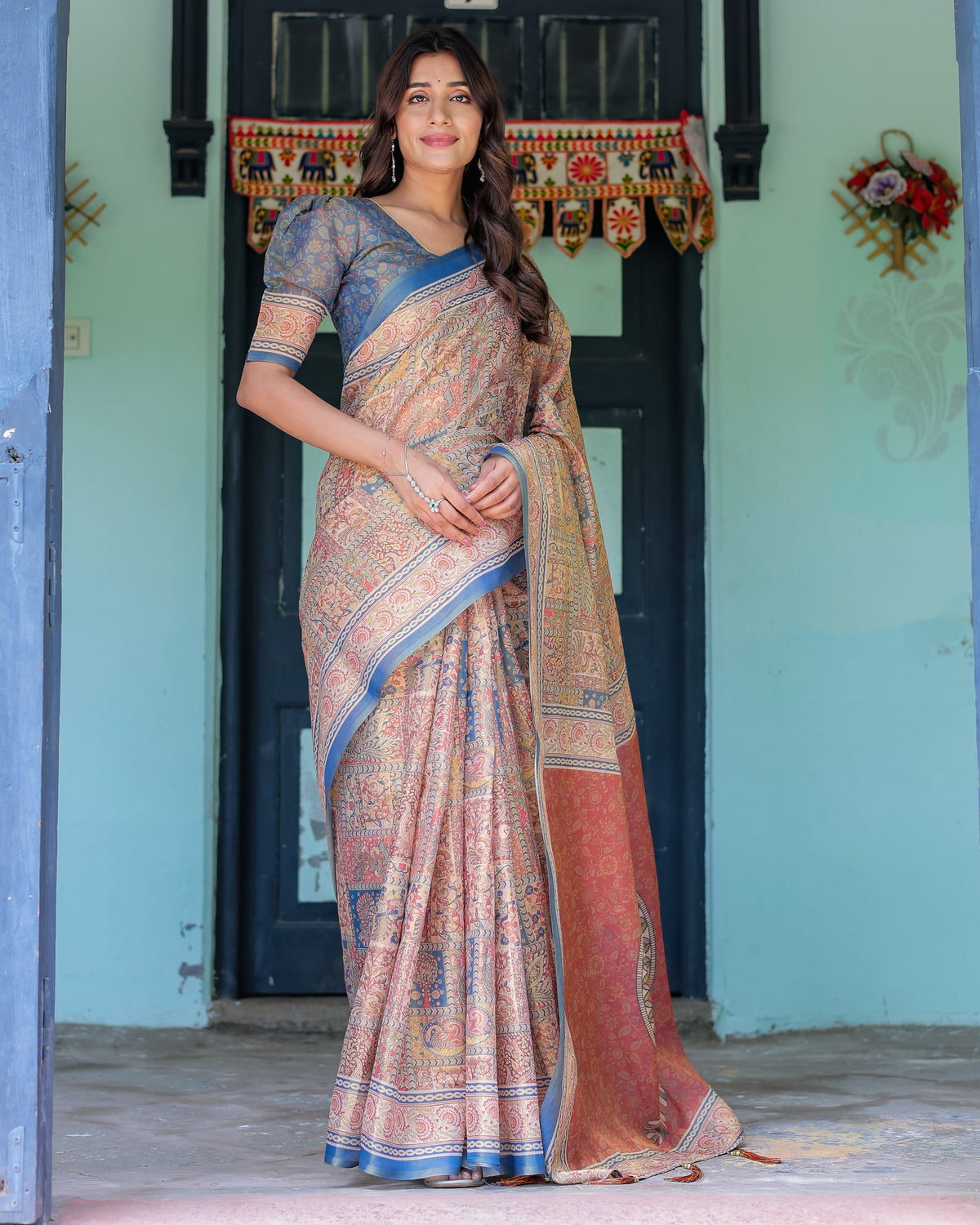 Rust & Blue Handloom Cotton Saree with Classical Dancer Motif and Patchwork Digital Print